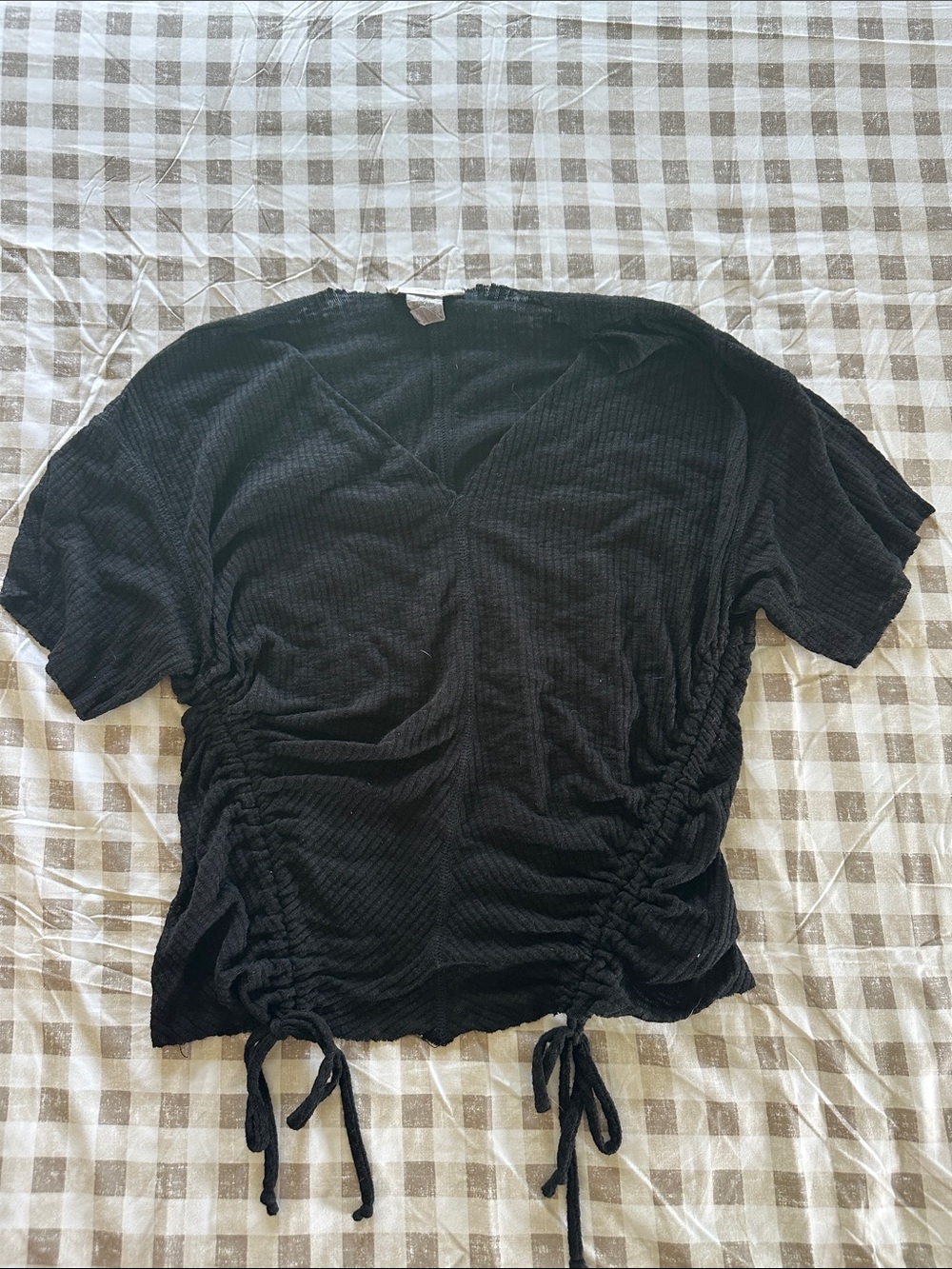 Buckle Black Ruched V-Neck Crop Top with Side Ties